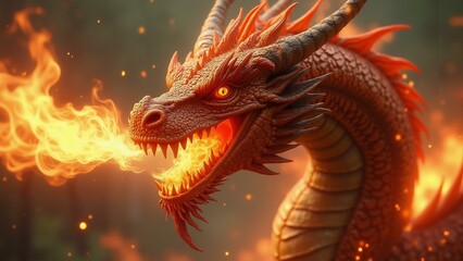   A fierce dragon exhales a stream of vivid flames with intricate texture, while its scaly body shines under the light., ultra detailed, 8k resolution, HDR, professional