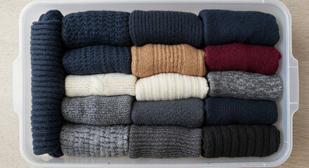Rolled knit sweaters neatly arranged in storage container