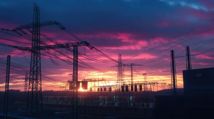 Electric power substation at sunset with industrial equipment