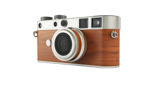 Vintage style camera with wooden body and silver accents.