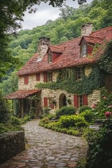 Fototapeta premium Charming stone house nestled among lush greenery with a winding cobblestone pathway inviting exploration on a serene day