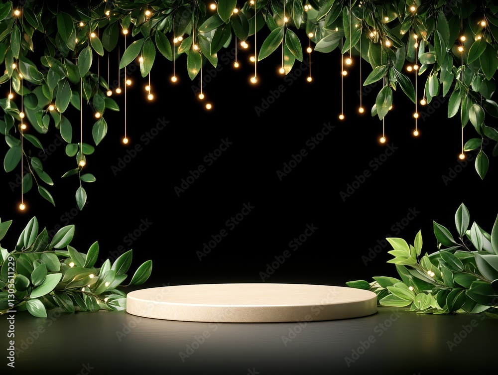 Poster elegant display platform surrounded by lush greenery and twinkling lights