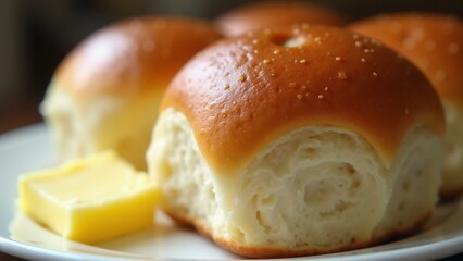   A mouthwatering close-up shot of a Parker House roll, featuring a golden brown crust and a soft, fluffy interior. It's beautifully presented with , ultra detailed, 8k resolution, HDR, professional