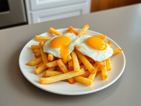 Primer plano plato con patatas fritas y dos huevos fritos uno de ellos con la yema rota desliz&aacute;ndose sobre las patatas