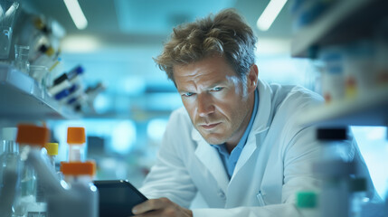 Close-up of scientist analyzing data in laboratory environment