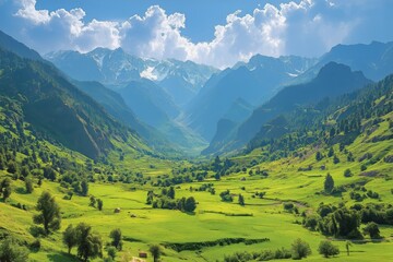 Obraz premium Majestic Green Valley Surrounded by Mountains Under a Cloudy Sky at Twilight