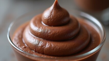   Close-up shot of an exquisite chocolate mousse with a light and airy texture, showcasing rich chocolate flavor., ultra detailed, 8k resolution, HDR, professional