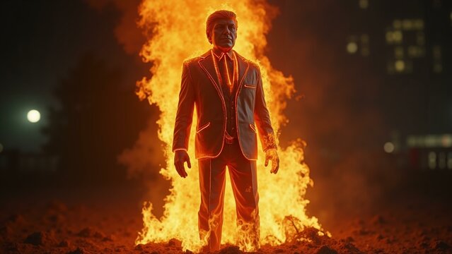   A detailed 8K rendering of an immolated effigy with a political figure, portraying public dissatisfaction., ultra detailed, 8k resolution, HDR, professional