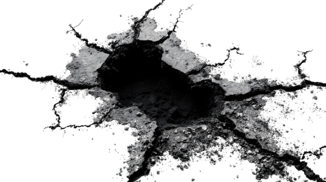 Photo of cracked asphalt with a large hole and exposed dirt isolated on transparent background.png