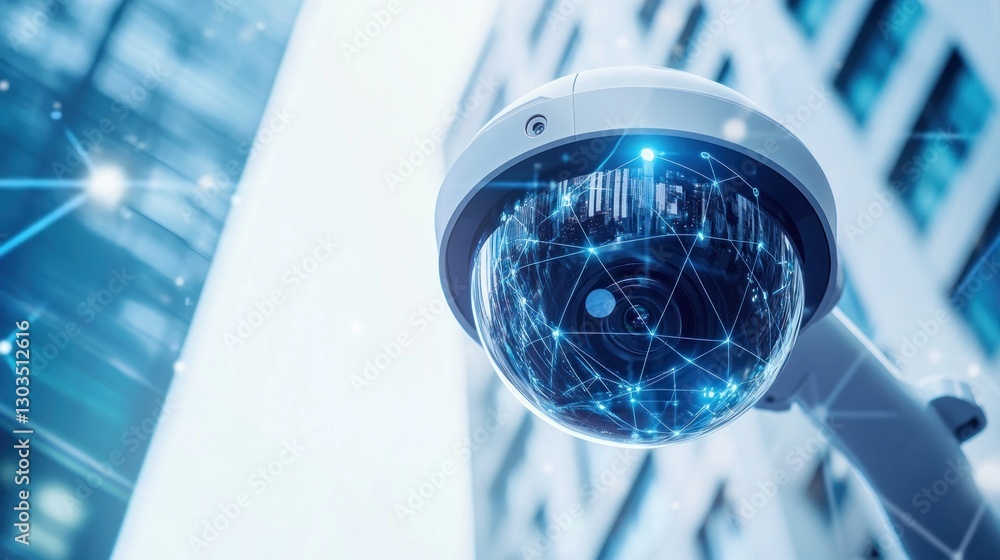Poster security camera monitoring in front of a modern building with network overlay, low angle view