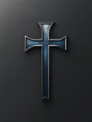 logo design featuring a cross symbol on a solid background, with a sleek color palette of blue, black, white, gray, and silver.