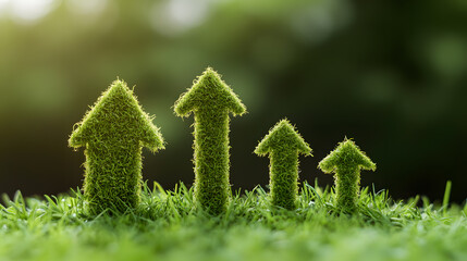 Eco-Friendly Growth: Green arrows point upward amidst grass, symbolizing sustainable progress and development in an environmentally conscious way.