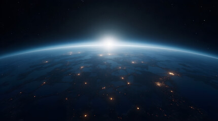 Obraz premium Cinematic Blue Planet Earth Space View Night City Lights Sunrise Horizon