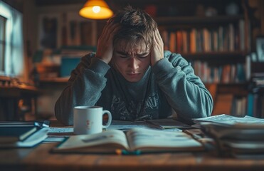 Sad young man studying hard, holding head, books and coffee on table