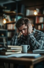Fototapeta premium Sad young man studying hard, holding head, books and coffee on table
