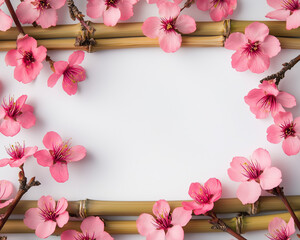 Close-up capture highlighting the beauty of cherry blossoms with a bamboo frame on a pure white background.