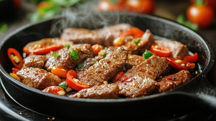 Sizzling Beef Stir Fry With Colorful Vegetables and Herbs on a Black Skillet