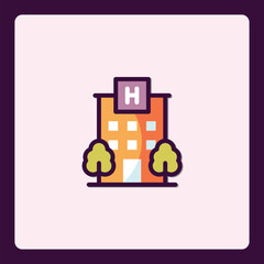 A welcoming hospital icon with trees, expressing health and community