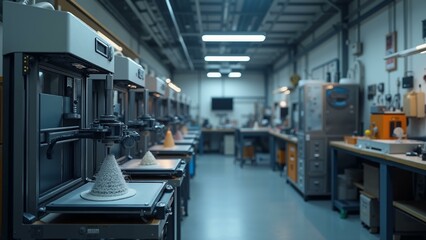   A 3D printing workshop featuring advanced machines that create intricate prototypes using various materials., ultra detailed, 8k resolution, HDR, professional