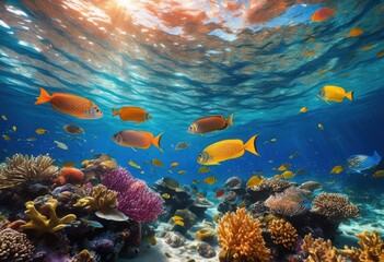 Naklejka premium vibrant underwater creatures bright colors gliding amidst colorful coral reefs crystal clear ocean waters, aquarium, aquatic, biodiversity, marine, flora