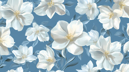 Seamless floral pattern with white flowers on blue background. Beauty - Portrait. Illustration