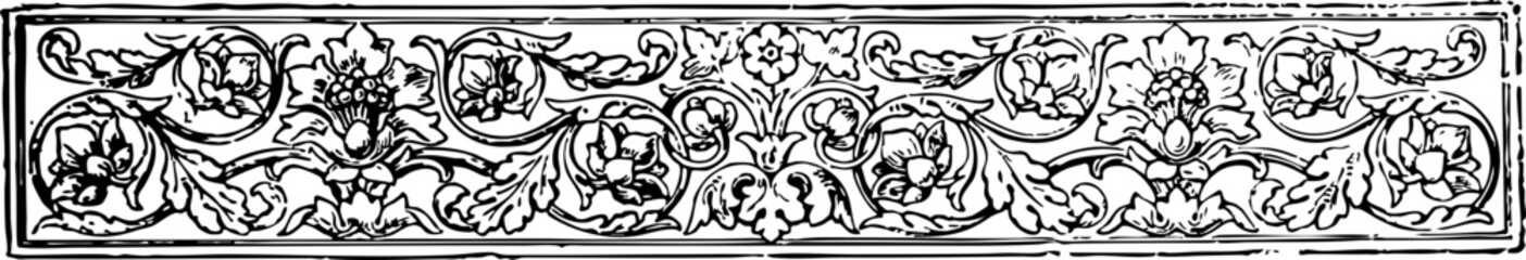 Intricate Floral Border Design from a 19th Century Book, featuring Detailed Line Art and Elegant Swirls, Ideal for Historical Illustrations