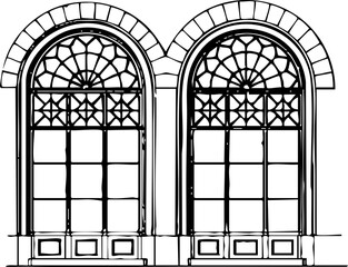 Elegant Arched Windows: Intricate Design Illustrating Classic 19th Century Architecture in Black and White