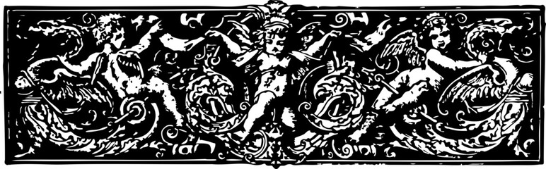 Intricate 19th Century Floral and Cherubic Motif Design in Black and White, Ideal for Vintage Illustrations