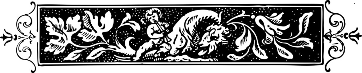 Intricate 19th Century Engraving of a Lion with Flora and a Cherub in Black and White Aesthetic