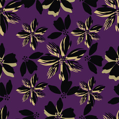 Trendy Floral pattern in the many kind of flowers. Tropical botanical Motifs scattered random. Seamless vector texture. Printing with in hand drawn style on dark background

