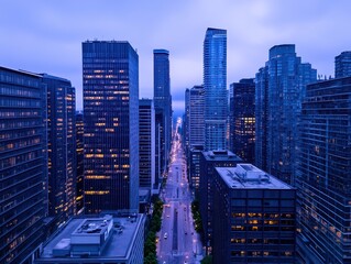 Obraz premium Aerial view of a bustling cityscape at dusk with skyscrapers and street lights