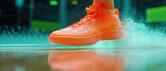 Dynamic Orange Sneakers in Action on Court with Splash Effect