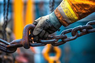 A close-up of a high-risk rigger worker wearing heavy-duty gloves, securely fastening a D-shape shackle into a crane lifting lug gate before executing a lift.