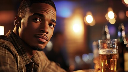Young Man Relaxing at a Cozy Bar with a Cold Beer in Hand, Evening Ambiance