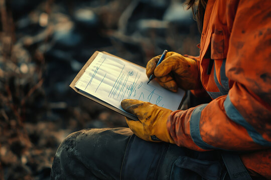 A construction miner supervisor wearing safety gloves signs a working-at-height permit at an open field job site before starting high-risk work on a mining construction site.