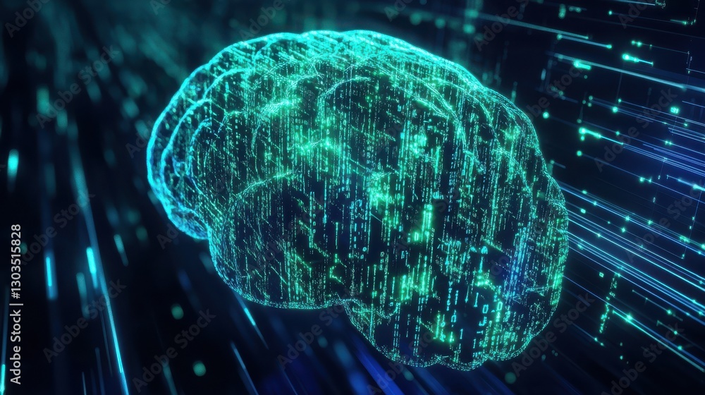 Poster futuristic render of a virtual brain composed of flowing data streams and digital code, glowing in n