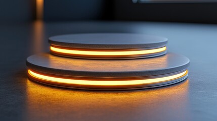 Modern illuminated podiums on dark floor, product display