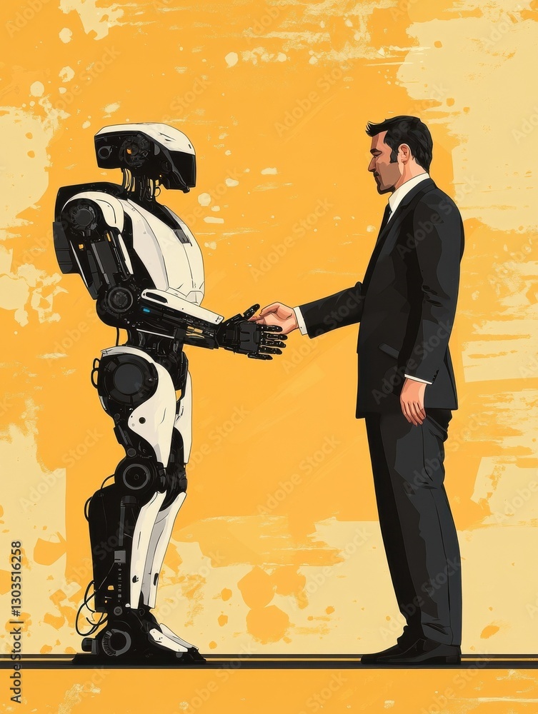 Poster businessman shaking robots hand. artificial intelligence, human vs robot vector futuristic backgroun
