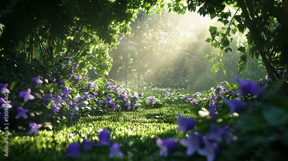 Aufkleber A beautiful, serene pathway in a lush garden with purple flowers surrounded by greenery and illuminated by soft rays of sunlight, creating a peaceful and calming atmosphere.