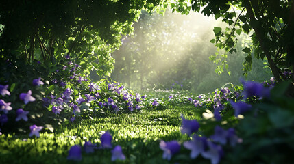 Obraz premium A beautiful, serene pathway in a lush garden with purple flowers surrounded by greenery and illuminated by soft rays of sunlight, creating a peaceful and calming atmosphere.