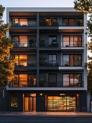 Fototapeta premium Modern apartment building with closed grocery store on ground floor , urban, residential, architecture, cityscape, facade