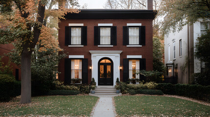 Elegant brick home featuring black shutters, a manicured lawn, and autumn foliage. A classic residential scene evoking comfort and sophistication.