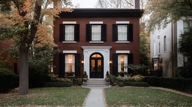 Elegant brick home featuring black shutters, a manicured lawn, and autumn foliage. A classic residential scene evoking comfort and sophistication.