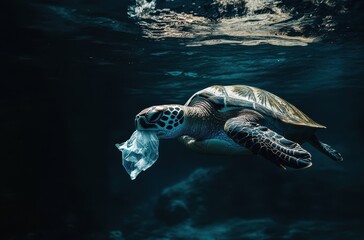 Fototapeta premium Sea turtle swimming gracefully underwater, carrying plastic debris, highlighting environmental concerns of ocean pollution and marine life protection