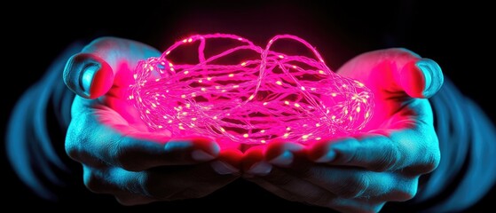 Hands Cradling Glowing Pink String Lights: Futuristic Technology and Energy Concept
