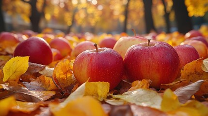 Autumn apples on fallen leaves