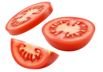 Juicy ripe tomato slices floating in mid-air isolated on transparent background