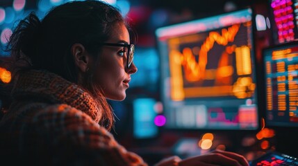 Woman monitors stock market data at night, lit screen reflects in eyeglasses