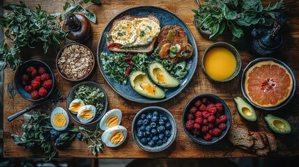 Fototapeta premium Colorful Healthy Breakfast with Avocado Eggs and Fresh Fruit. Generative AI