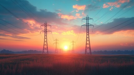Fototapeta premium futuristic power lines at sunset in a vast field